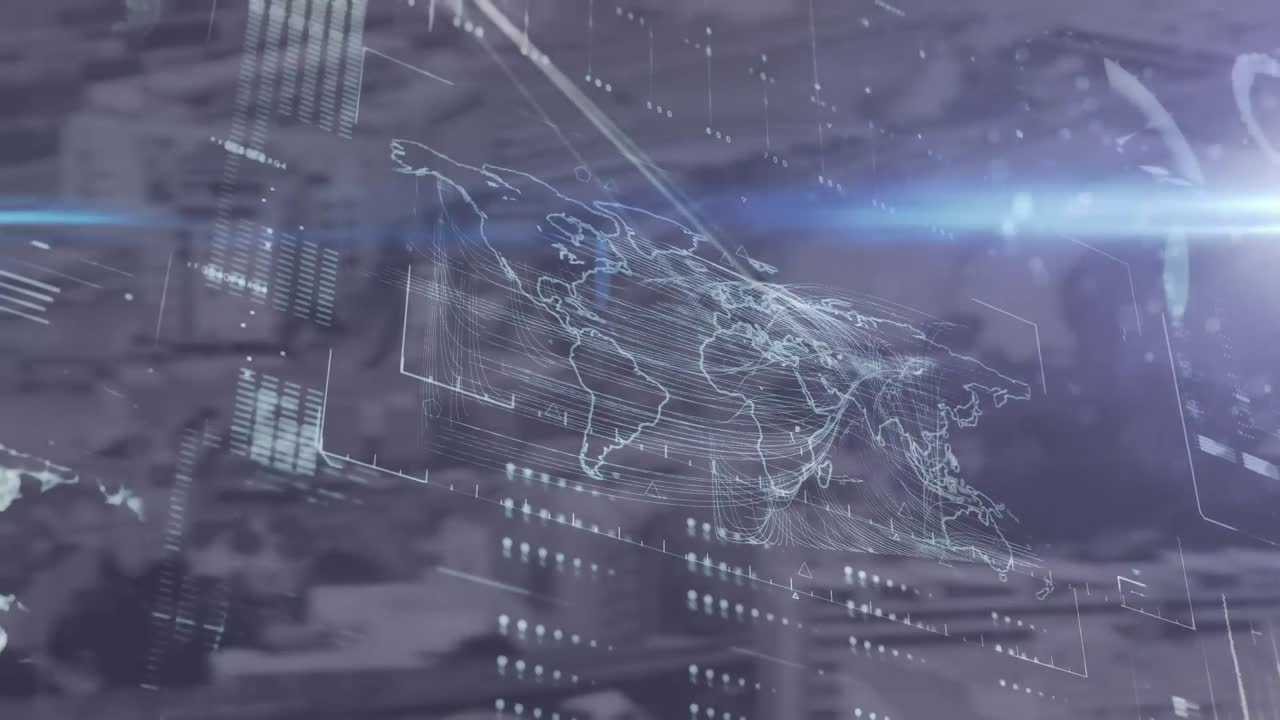 백그라운드의 도시 풍경에 대한 데이터 처리와 디지털 인터페이스에 대한 빛의 스 ⁇