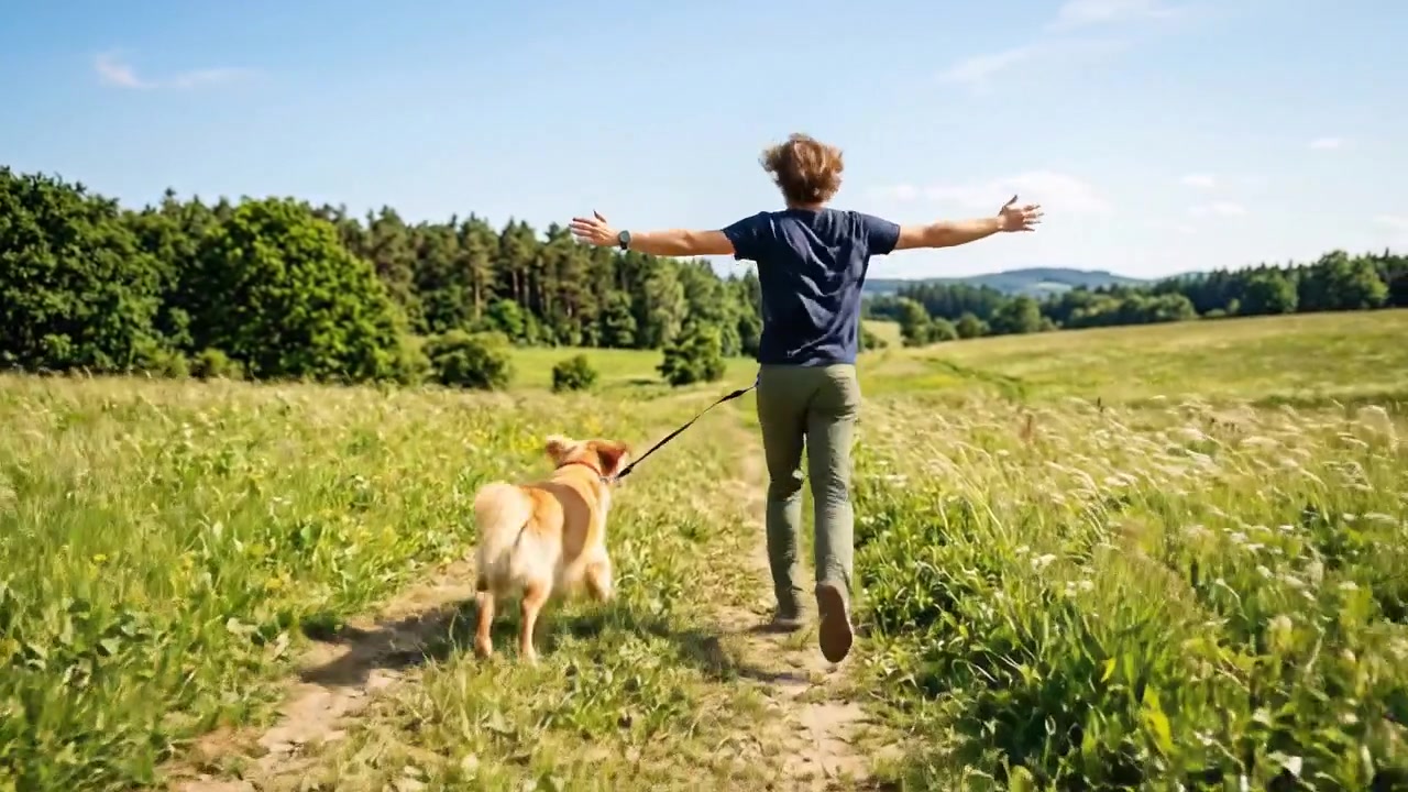 Giovane uomo che cammina con un Golden Retriever in un prato soleggiato