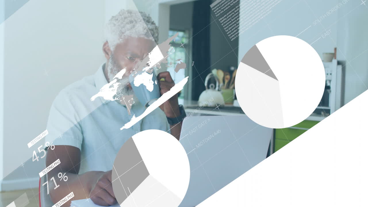 Animation du traitement de données financières sur un homme afro-américain utilisant un ordinateur portable