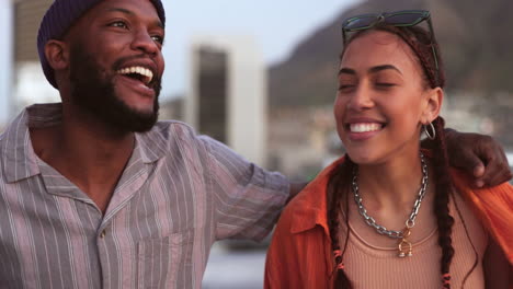 happy couple, walk and smile conversation in city