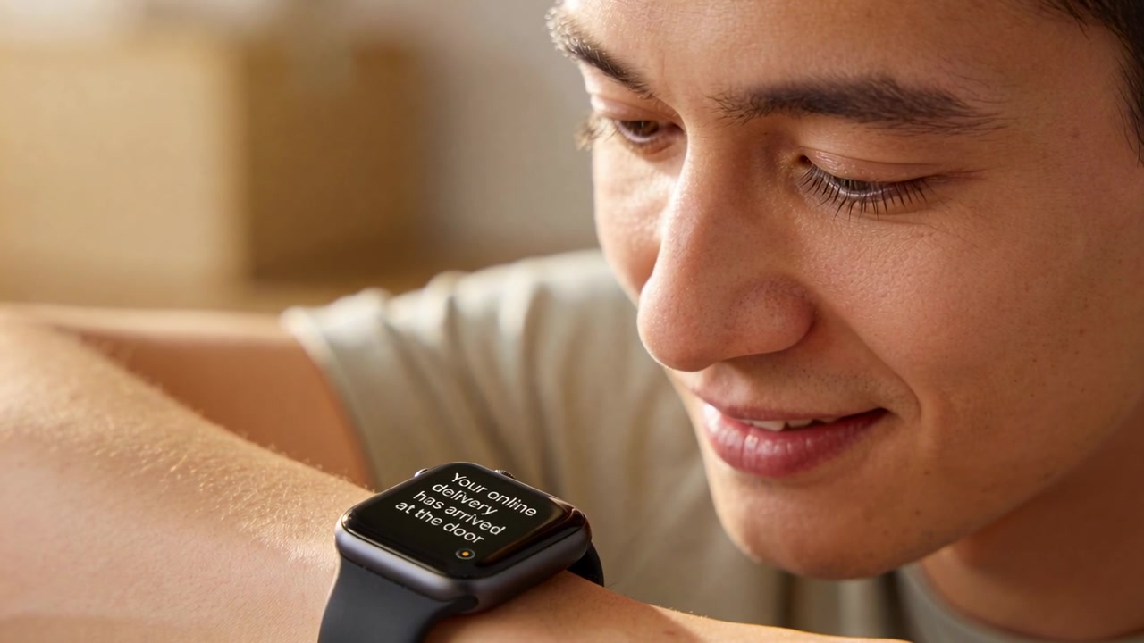 Asiatisk mand læner sig frem og læser leveringsalarm på smartwatch derhjemme, T-shirt, kasser bagved.