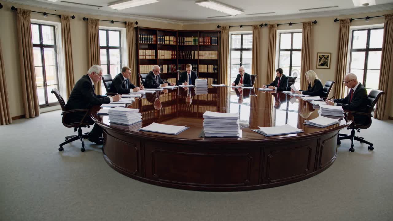 A high-angle video shot of a formal meeting in a boardroom with executives seated around a large