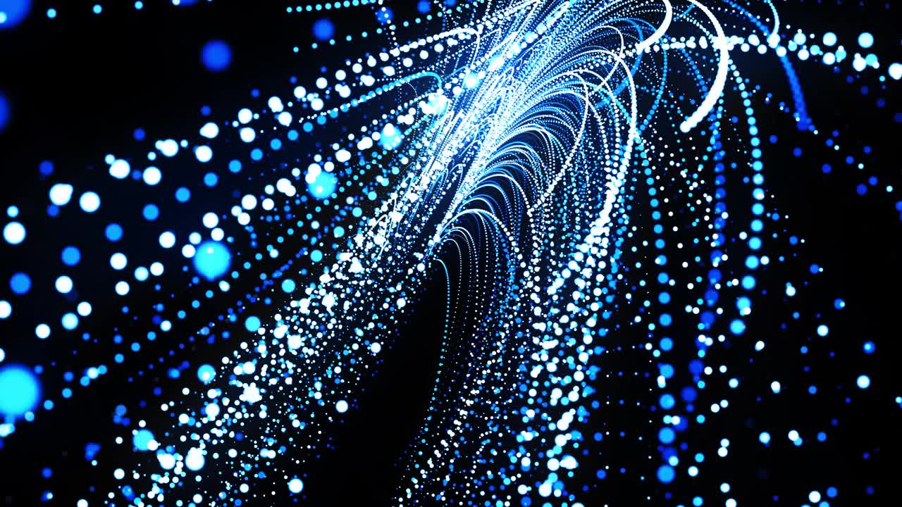 abstract 3d loop background with glowing particles lined up in curved lines in 3d space. Festive vj loop with blue particles and smooth animated camera. Motion design background