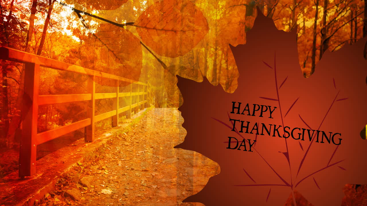 animación del texto de acción de gracias en una hoja sobre un paisaje de otoño