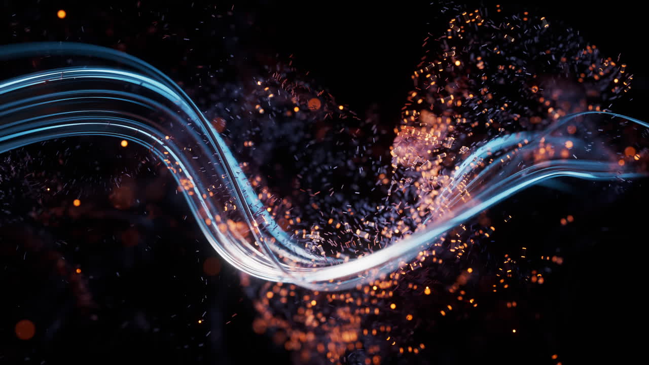 Flowing curve and particles background, 3d rendering.
