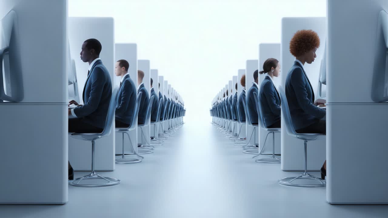 A futuristic office environment showcasing a diverse group of professionals engaged in focused work at individual computer stations, emphasizing technology and teamwork in a sleek setting