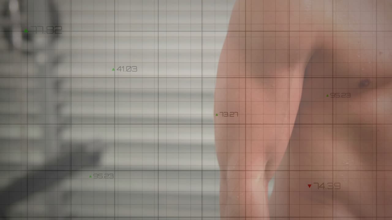 Male grabbing hex dumbbell, performing curls in gym, animated red graph and grid tracking fitness