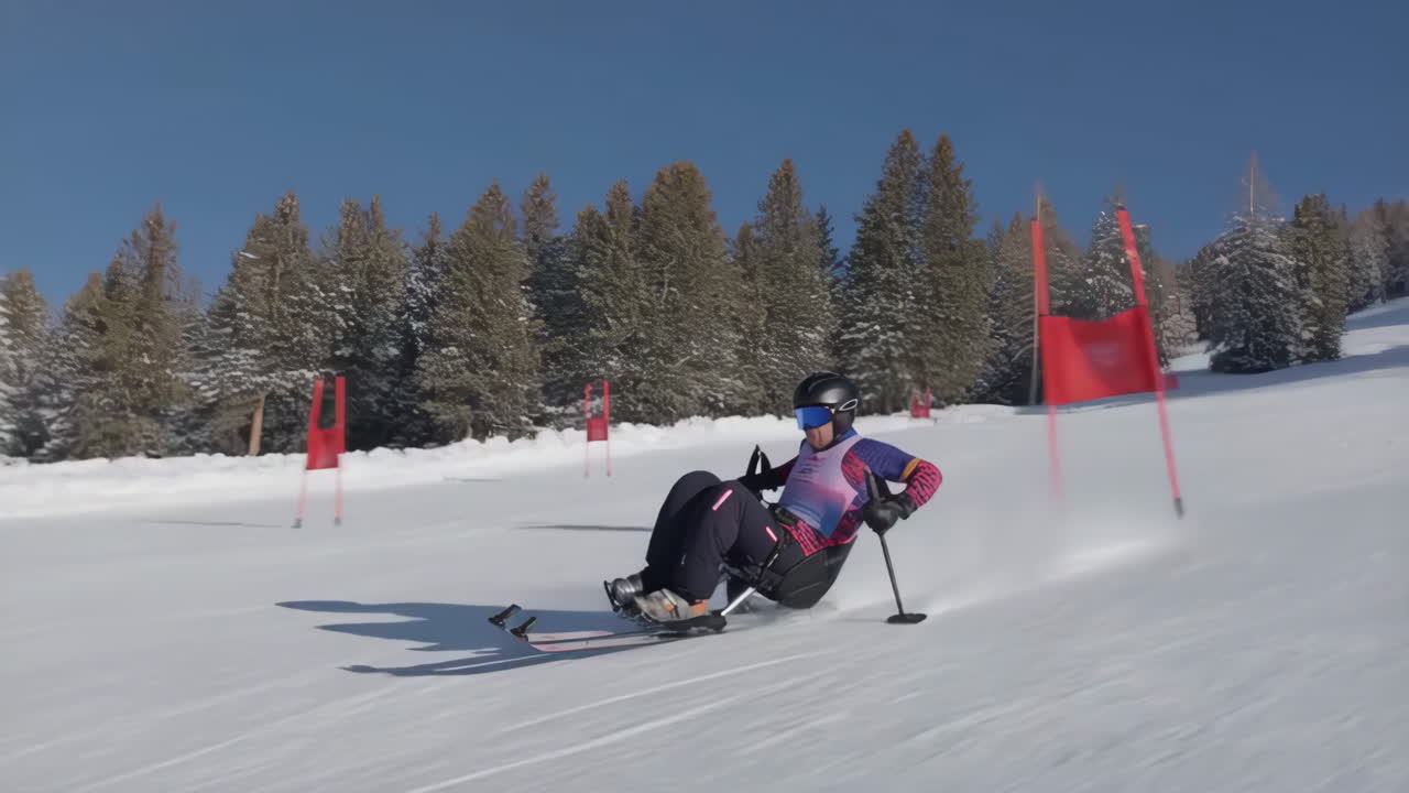Adaptive Skier Racing Down Snowy Mountain