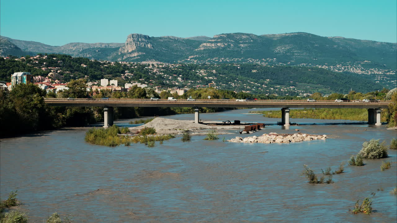 Aerial drone view of a bridge over the Var river in Nice, France