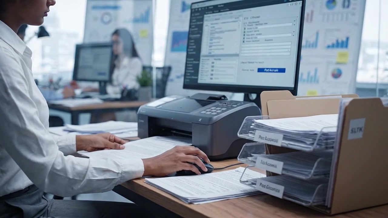 Escena de Oficina con una Mujer Profesional Realizando Tareas Administrativas en un Escritorio, Rodeada de Gráficos y Visualización de Datos en un Espacio de Trabajo Moderno.