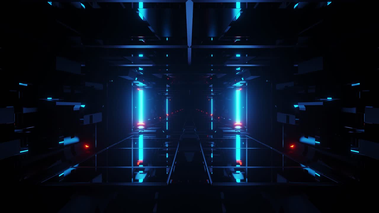 Walking in a sci-fi modular interior environment with endless hollow corridor, dark illuminated area of spaceship sector