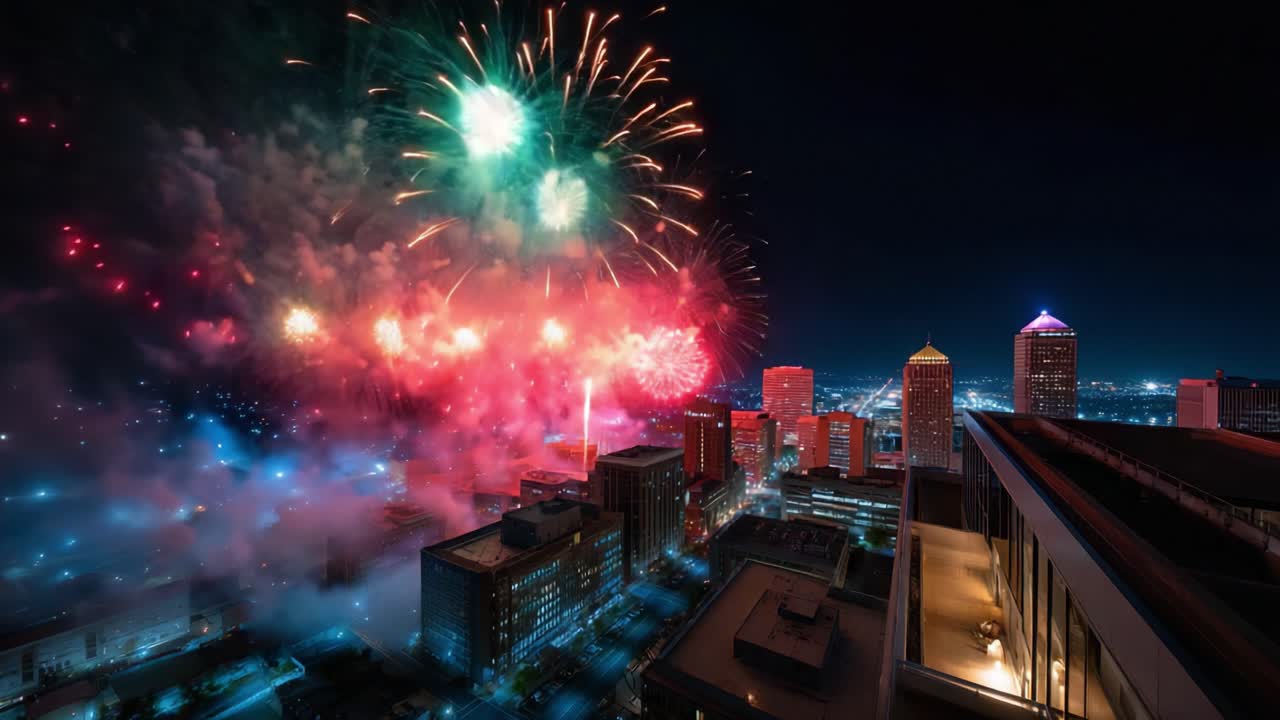 Stunning Aerial Display of Colorful Fireworks Over a Vibrant City Skyline at Night, Capturing the Enthralling Beauty and Festive Atmosphere of a Celebratory Event