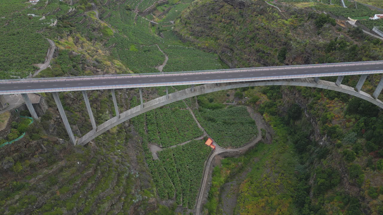 Aerial View of a Modern Bridge Spanning a Green Valley with Plantations