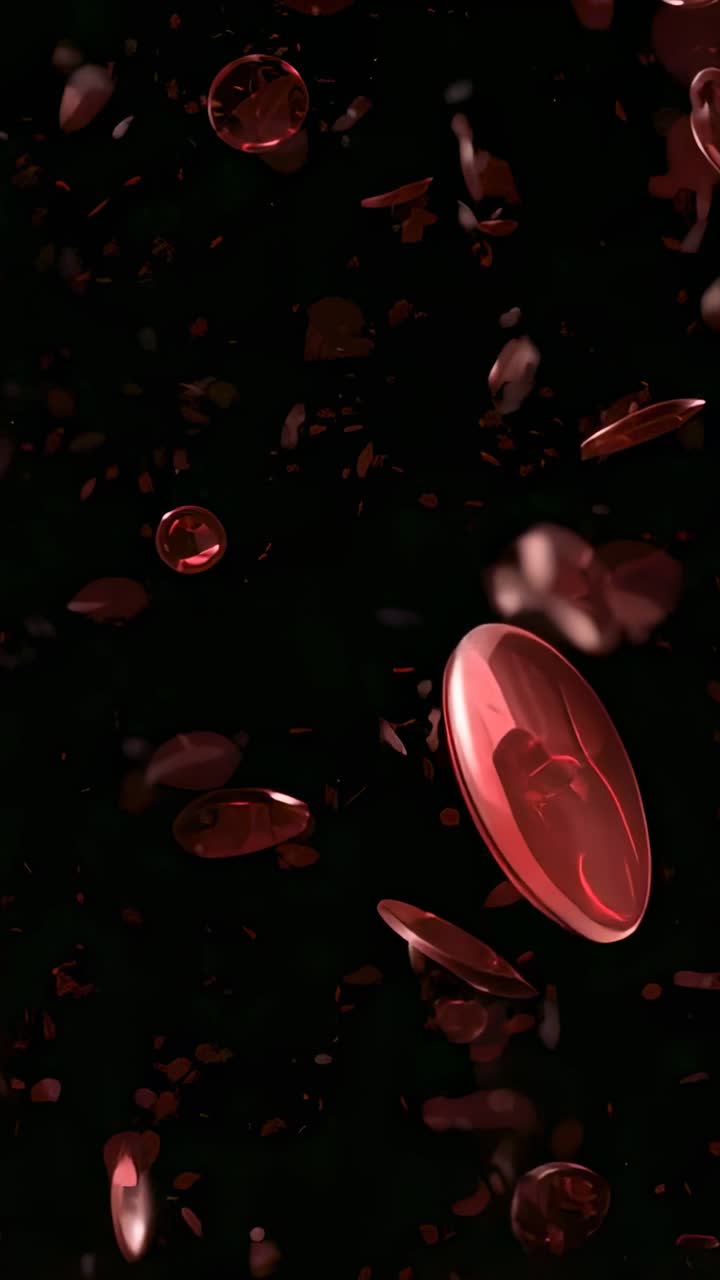Vertical video: Drifting red shiny discs and pellets rotating down in dark void, showing highlights