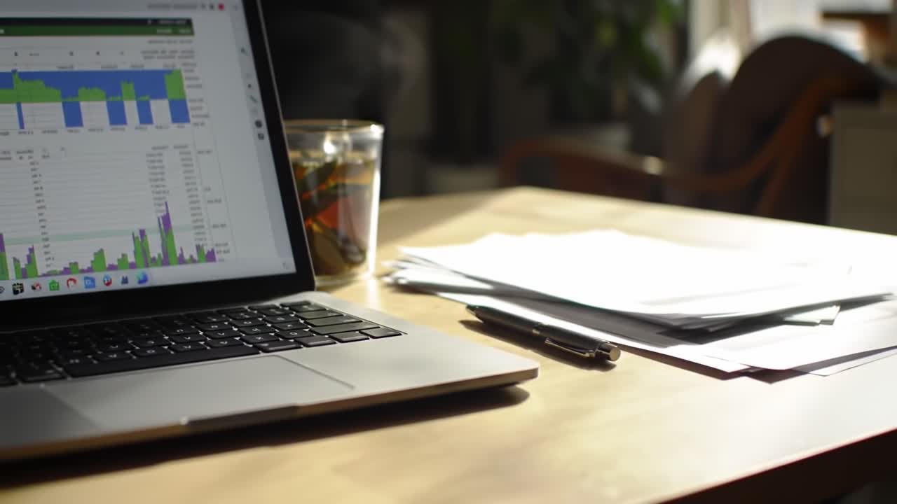 Analyzing Financial Data with a Laptop on a Wooden Desk Surrounded by Papers and a Drink in a Sunlit Environment