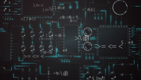 animation of data processing over computer circuit board on black background