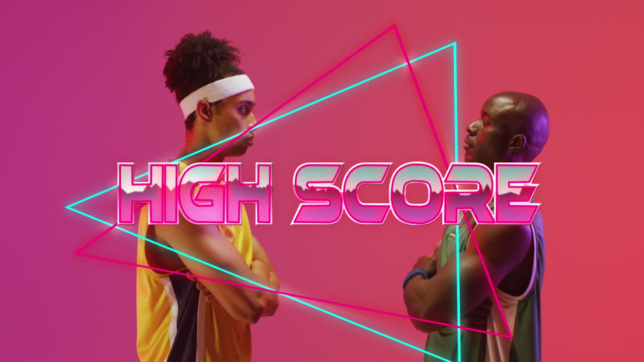 Animation of high score text over neon pattern and diverse basketball players