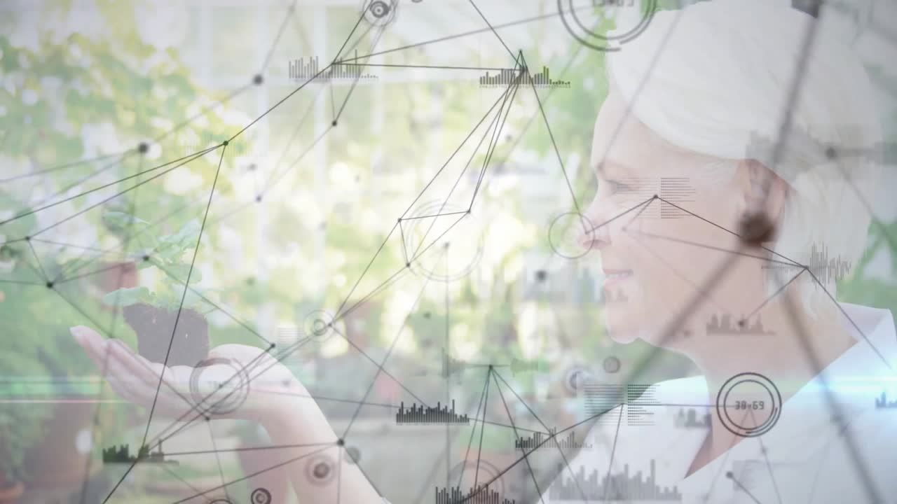 Donna anziana che tiene in mano della terra, mentre una rete inizia a collegare nodi e grafici, illustrando una rete scientifica.