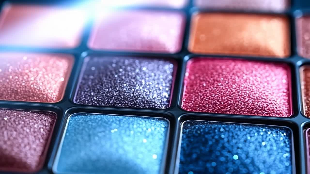 Shimmery colorful eyeshadow palette. Close-up of a vibrant eyeshadow palette showcasing various shimmering shades in an artistic arrangement.