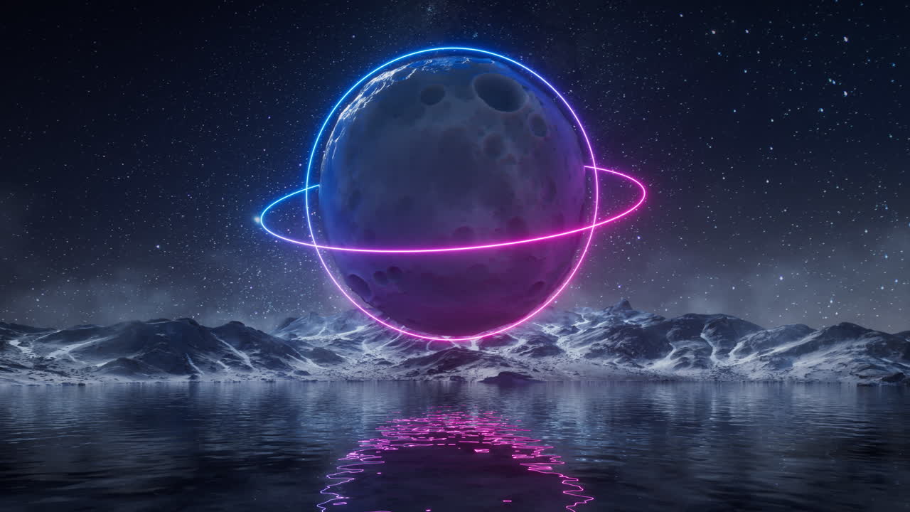 Planet and mountains at night with neon lines, 3d rendering.