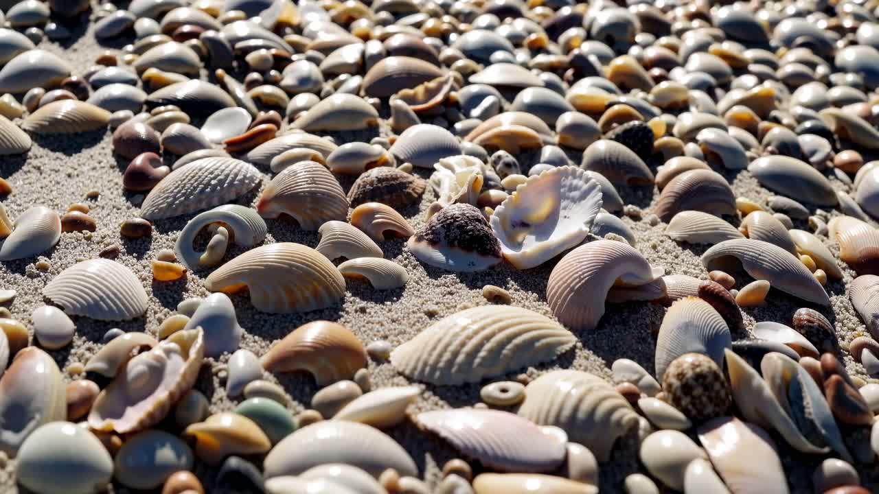 Video ravvicinato di conchiglie sparse su spiaggia sabbiosa, ripreso da un'angolazione bassa, che evidenzia le texture.