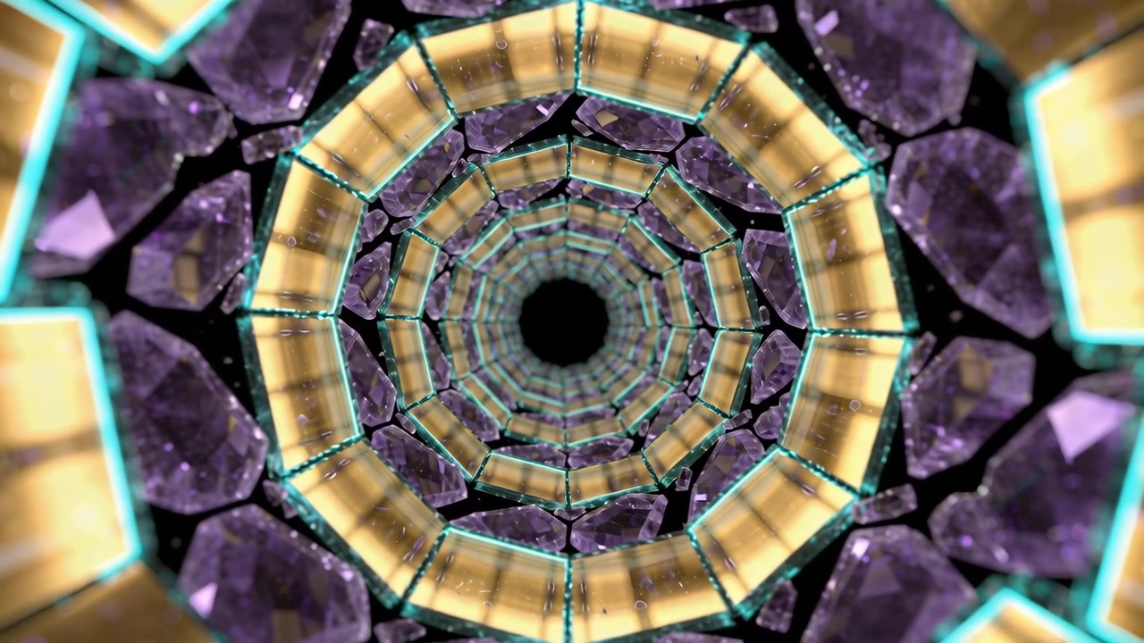 Fasce d'oro rotanti, sfaccettature viola che zoomano in un tunnel buio con fotogrammi che avanzano mostrando il vuoto nero