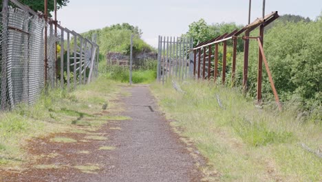 damaged steel girders, thicket vegetation, single man walking, slow-mo