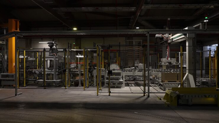 Automatiseret fabrikslinje med robotsystemer inde i en sikker produktionscelle med fokus på kontinuerlig drift, præcise bevægelser, kontrollerede processer og effektiv industriel automatisering.