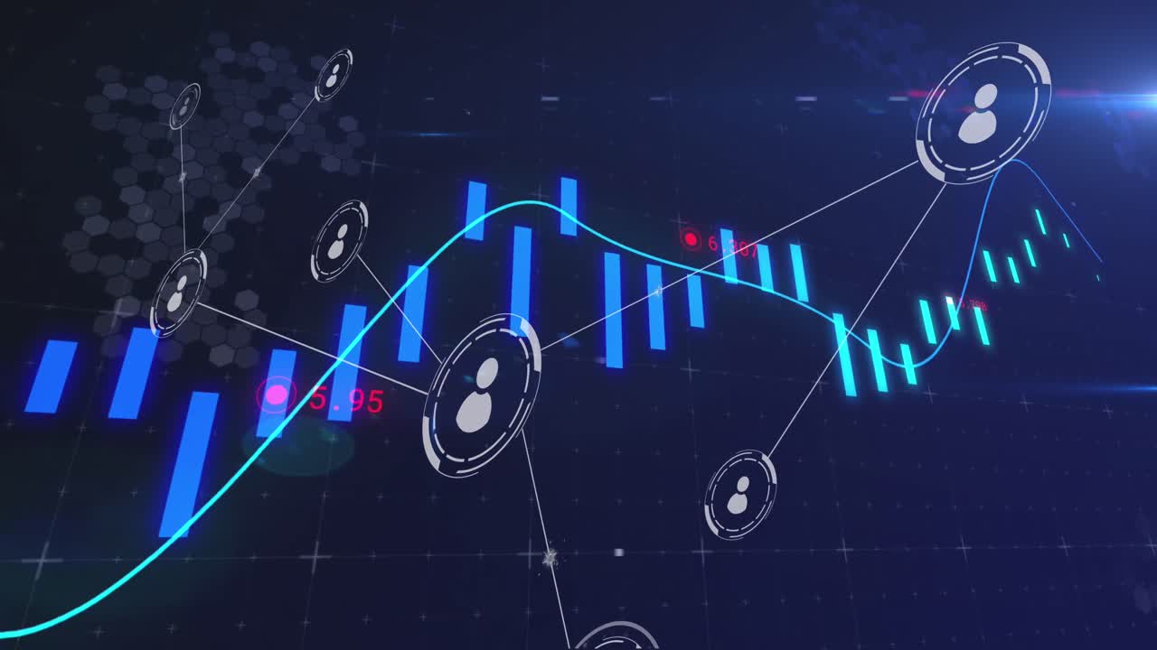 animación de la red de conexiones con iconos sobre el procesamiento de datos