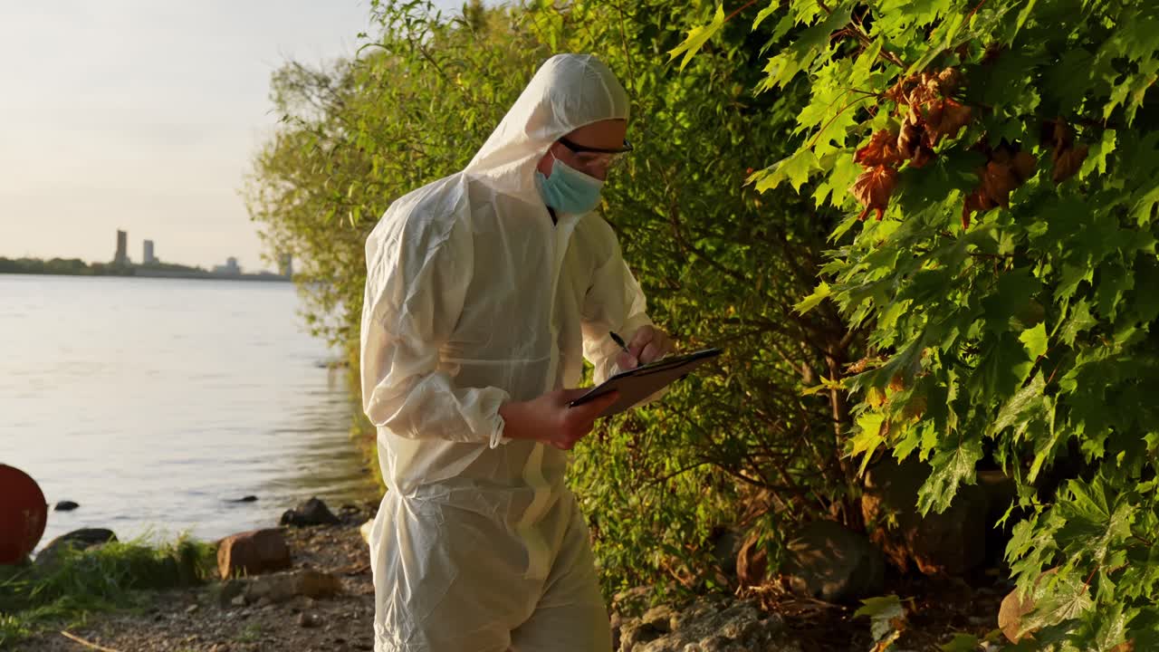 Environmental worker bends near water edge analyzing sediment among shoreline plants in warm sunlight