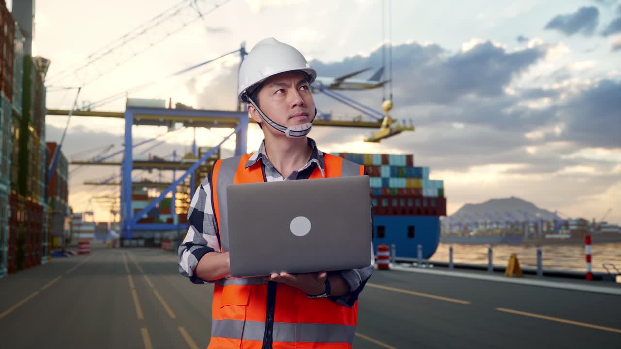 Asian Male Engineer With Safety Helmet Working On A Laptop And Looking Around While Standing at Port with Container Ship and Cranes at Sunset