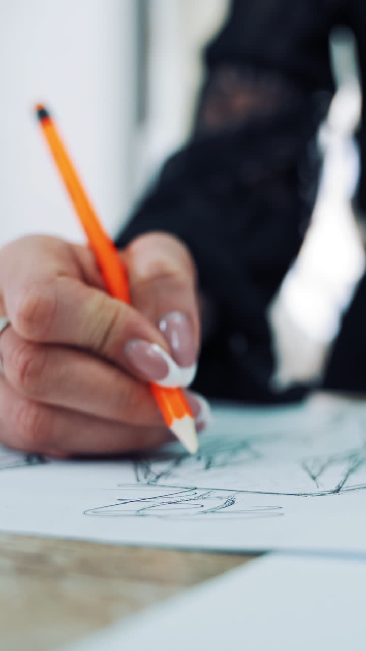 Process of drawing a sketch of a model dress on paper by female tailor. Professional designer draws with a pencil on the table in atelier. Vertical video