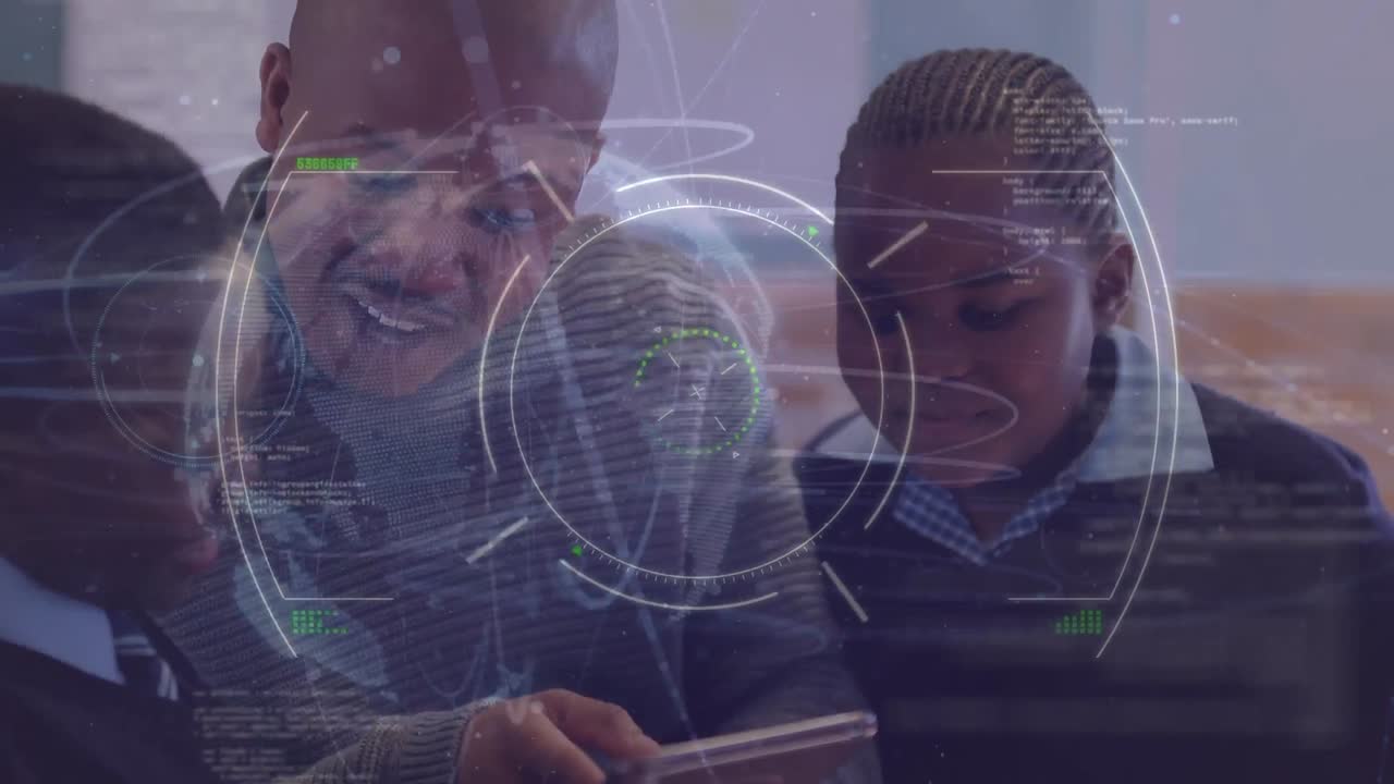 Animation of african american father with sons using tablet over data processing