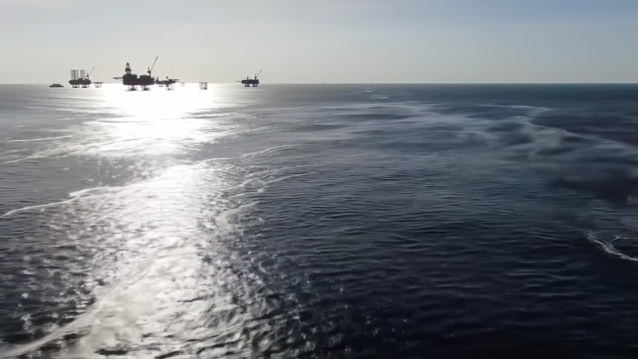Captivating Aerial Views of Offshore Oil Platforms Surrounded by Reflective Ocean Waters During Sunset, Showcasing Industrial Beauty and Natural Serenity