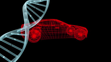 animation of dna strand over 3d car drawing spinning on black background