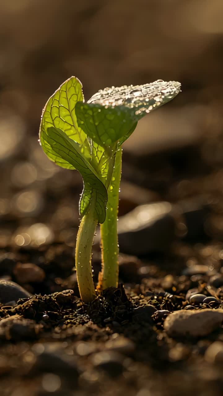 Video verticale: Giovane piantina verde che germoglia, che emerge dal terreno e dai ciottoli, in cerca di sole caldo e rugiada