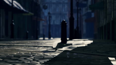 cobblestone street illuminated by soft morning light in a historic urban area
