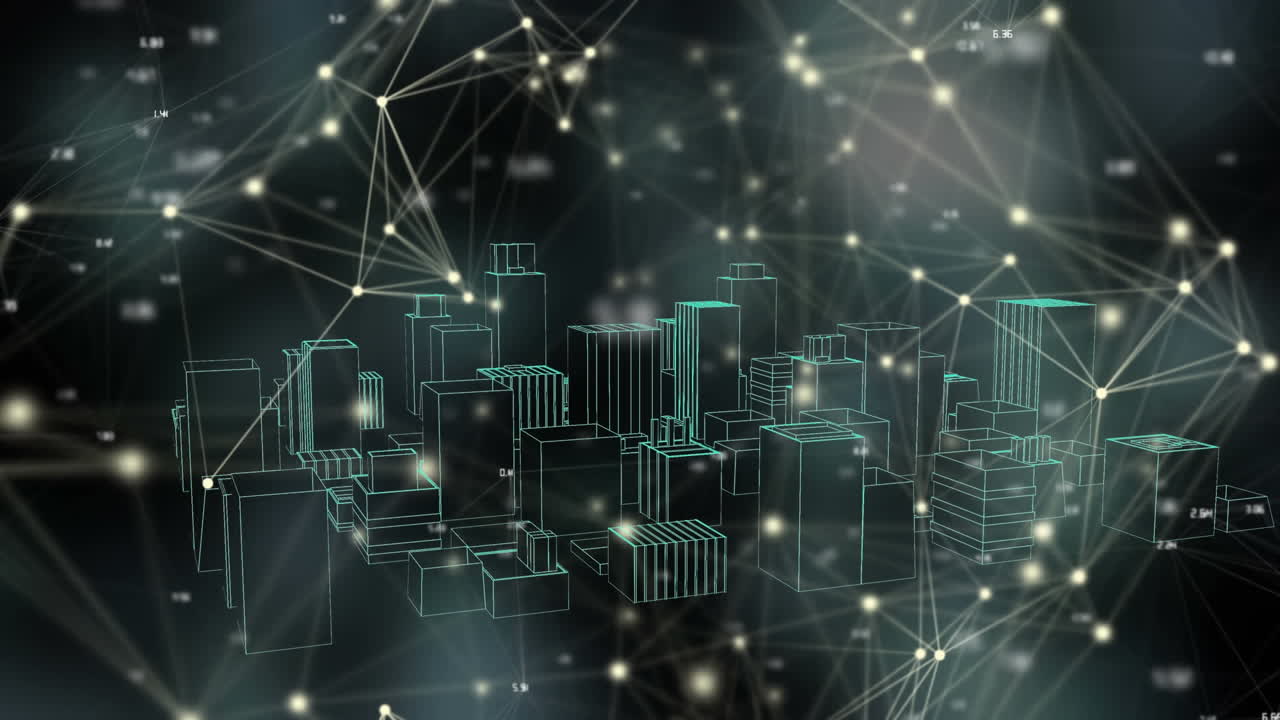 Animation of network of connections over 3d cityscape drawing