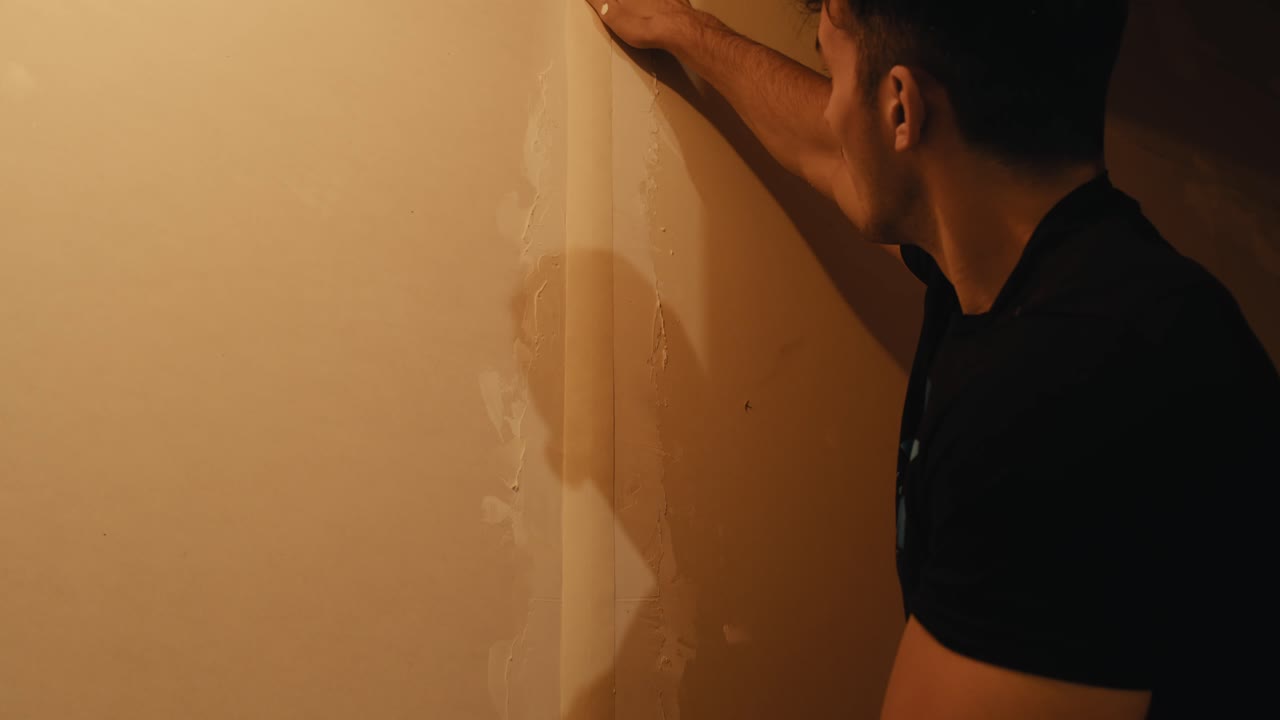 um jovem mede tiras de proteção na parede antes de fazer papel de parede
