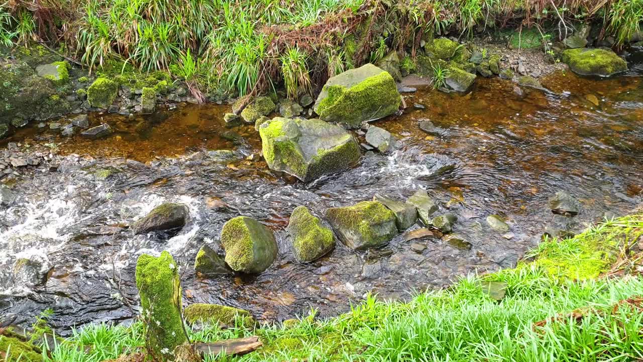 Shallow, fast flowing narrow stream of water with rocks and green grass banks in remote islands of Outer Hebrides of Scotland UK