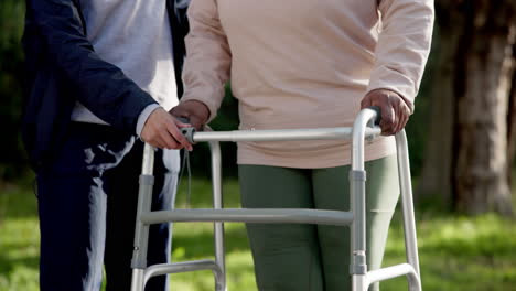 old woman, nurse and walker as hands help