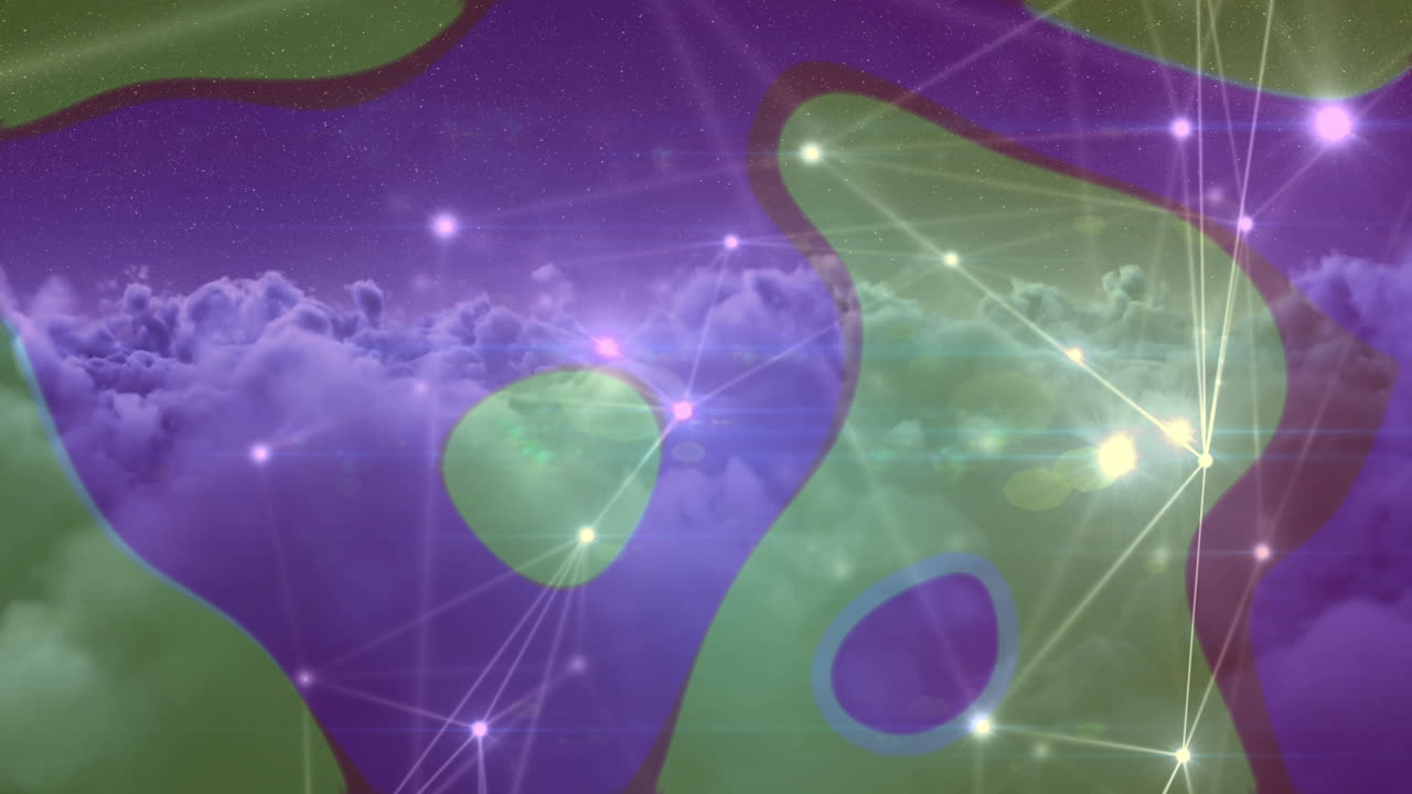 animación de conexiones y nubes sobre el fondo con formas coloridas cambiantes