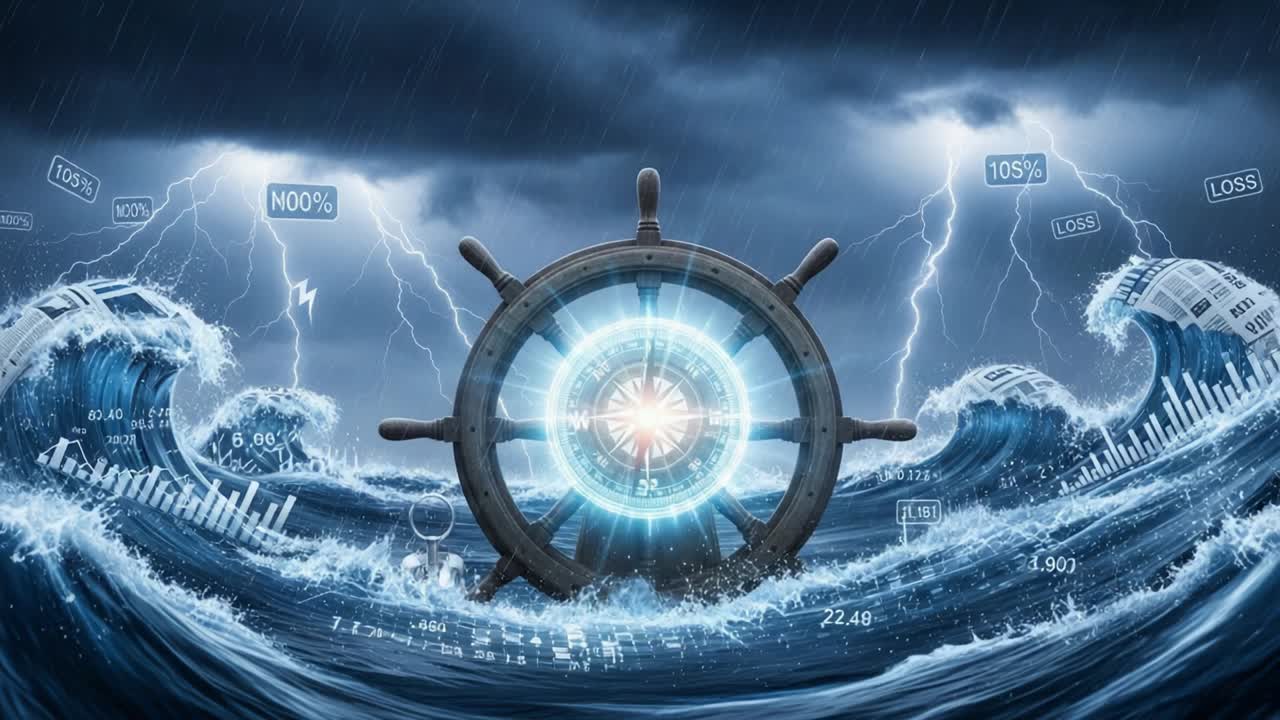 A Stunning Representation of a Ship's Wheel Amidst Turbulent Seas, Lightning Strikes and Data Visualizations, Signifying the Challenges of Navigation in Modern Storms