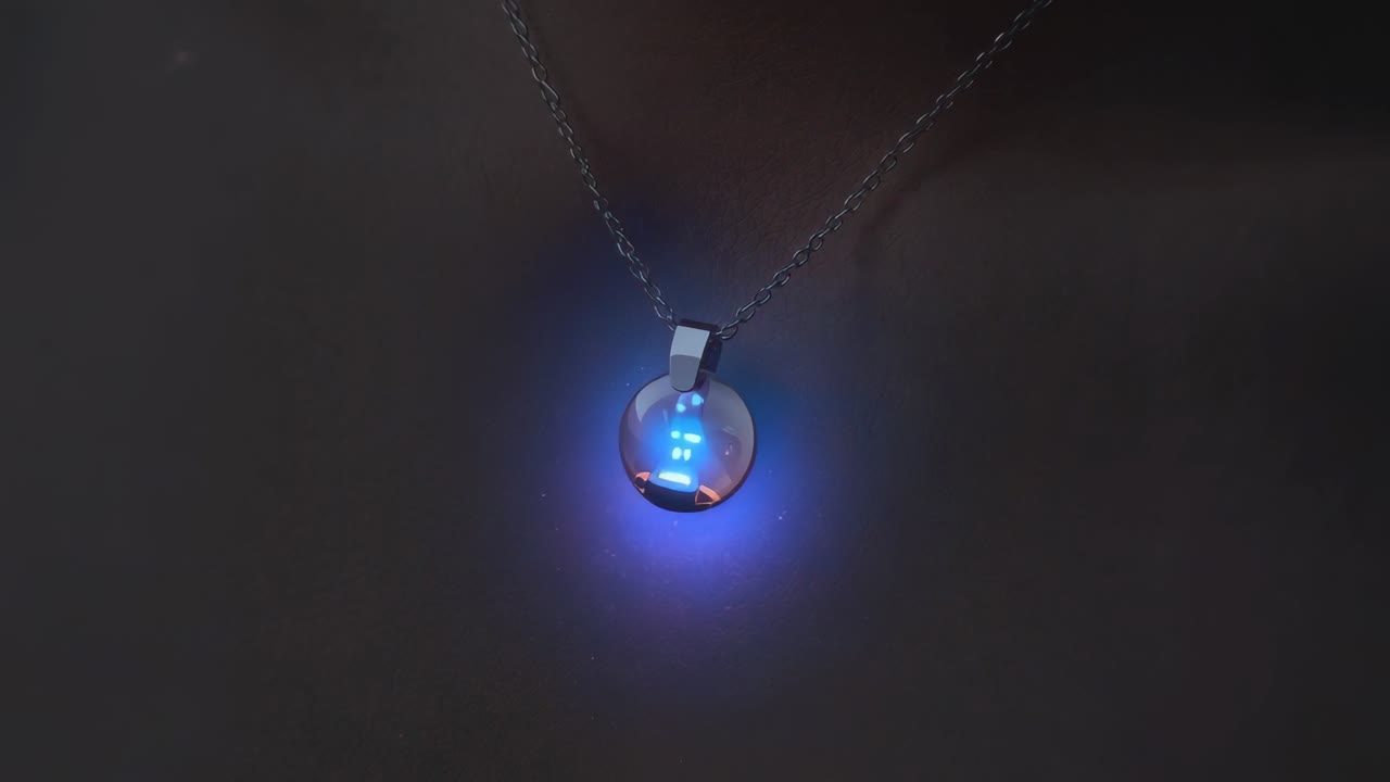 Glowing pendant with internal LEDs cycling, shifting from blue to red at wearer's neck, thin chain