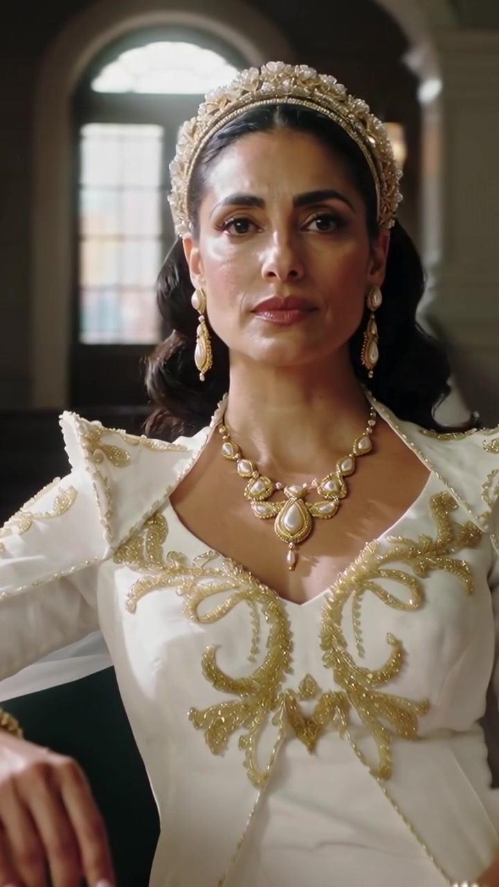 Video vertical: Miembro de la realeza de Oriente Medio enderezándose con vestido y tiara mientras la cámara panea en el salón, con actitud de autoridad.