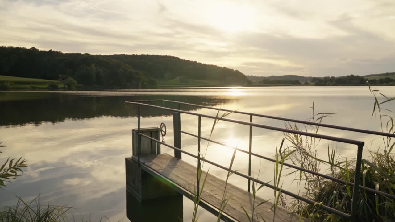 Pontile in legno con ringhiera che si estende in un lago calmo con il riflesso dorato del tramonto, catturando un paesaggio rurale pacifico e un'atmosfera naturale serena a Savci, Slovenia.