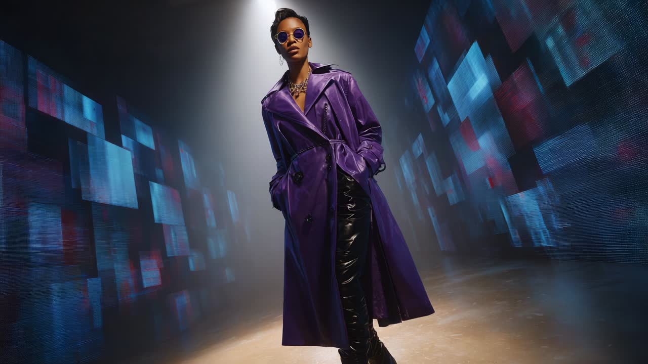 A striking fashion showcase featuring a confident model in a bold purple trench coat and stylish sunglasses, illuminated by dynamic lighting and abstract backdrops that enhance the vibrant aesthetic