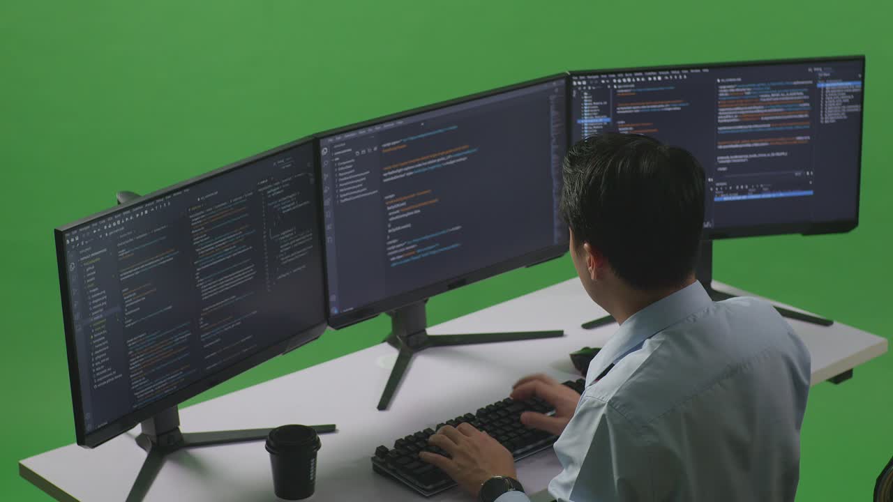 Side View Of Asian Man Developer Having Headache While Write Code With Multiple Computer Screens In Green Screen Studio