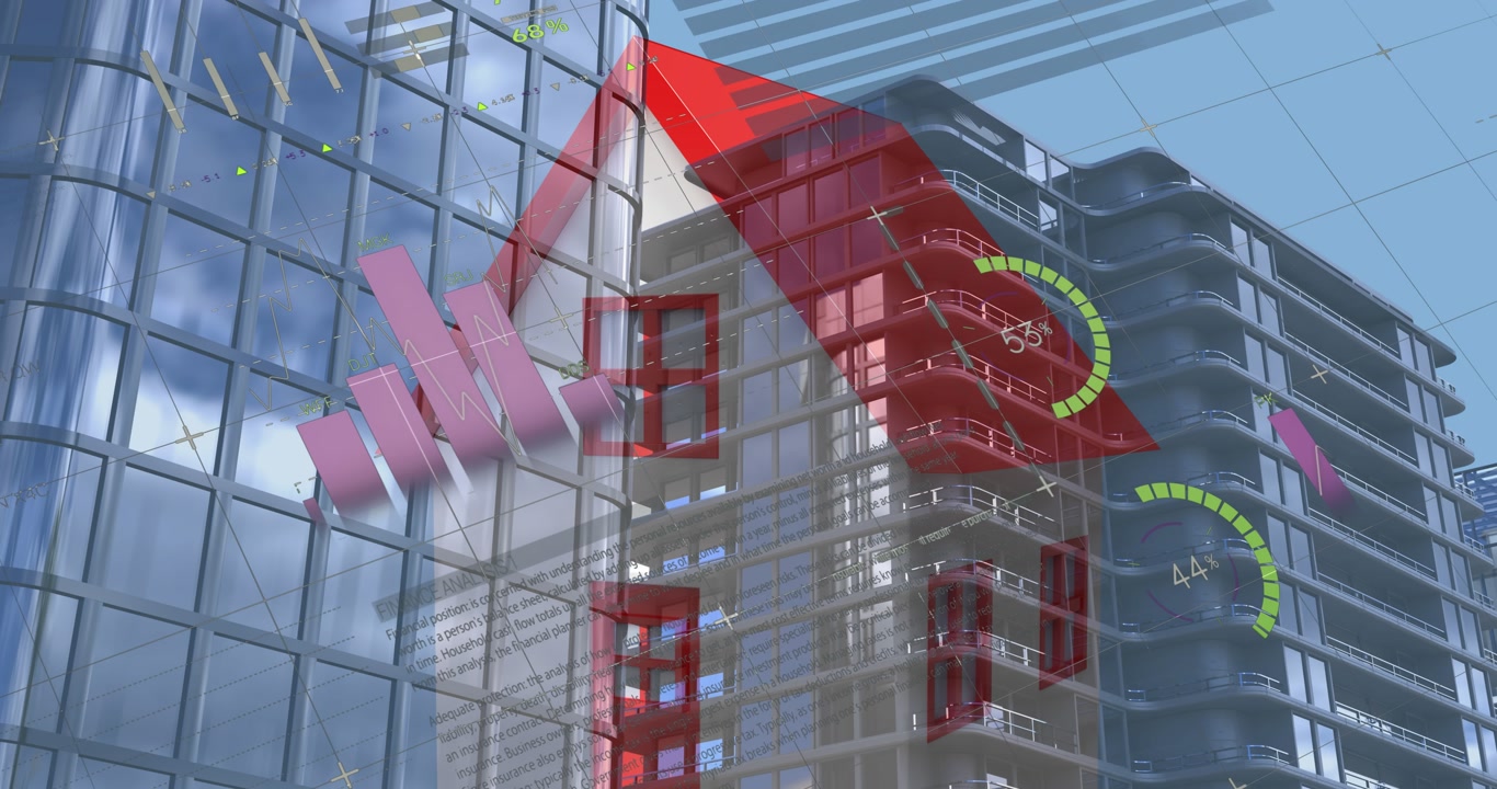 Animation of statistical data processing over house icon against tall buildings