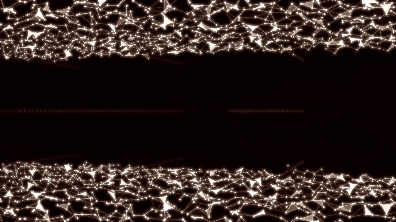 검은색 배경 위에 회전하는 sf 필드를 형성하는 선과 점의 애니메이션 황금 격자입니다.